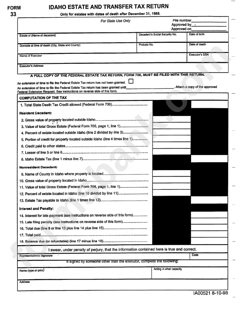 Form 33 Idaho Estate And Transfer Tax Return Printable Pdf Download