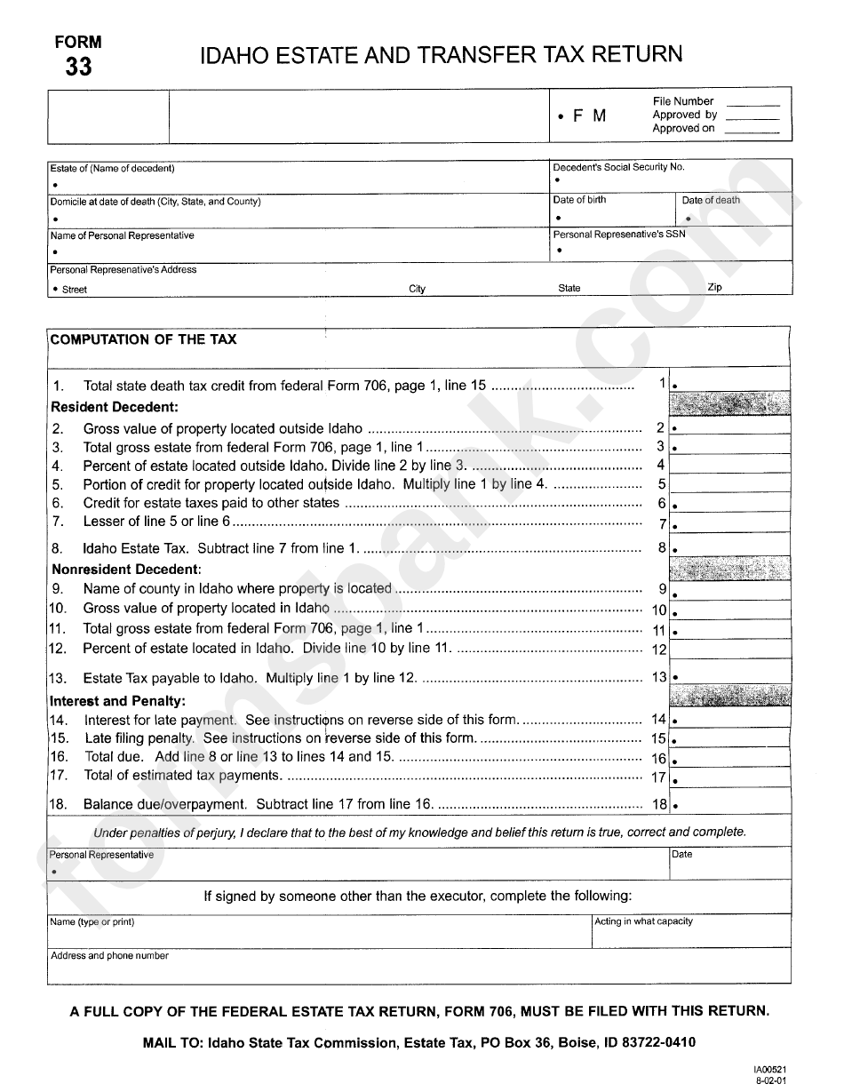 Form 33 Idaho Estate And Transfer Tax Return Printable Pdf Download