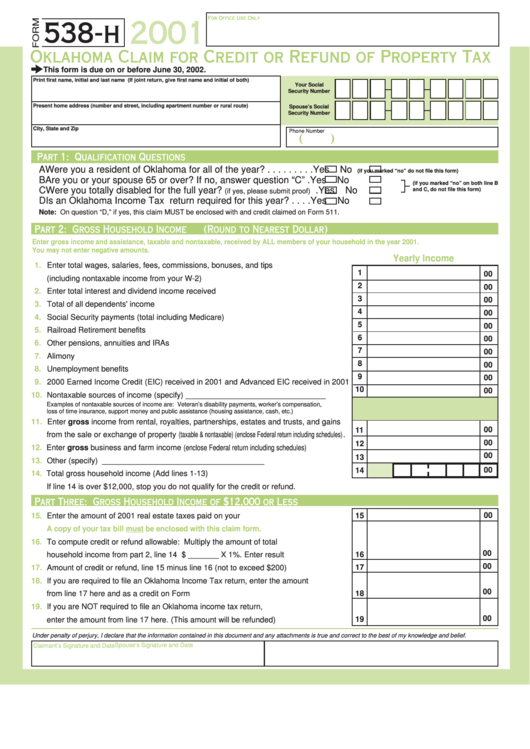 Form 538 H Oklahoma Claim For Credit Or Refund Of Property Tax 2001