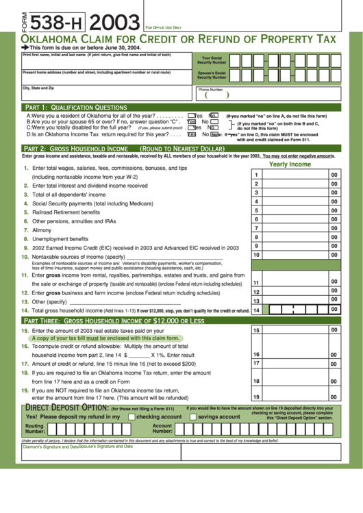 Form 538 H Oklahoma Claim For Credit Or Refund Of Property Tax 2003 