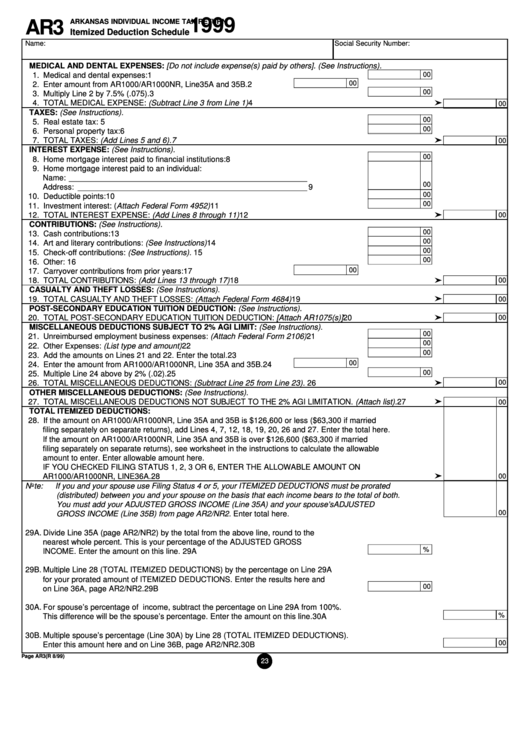 Form Ar3 Arkansas Individual Income Tax Return Itemized Deduction 