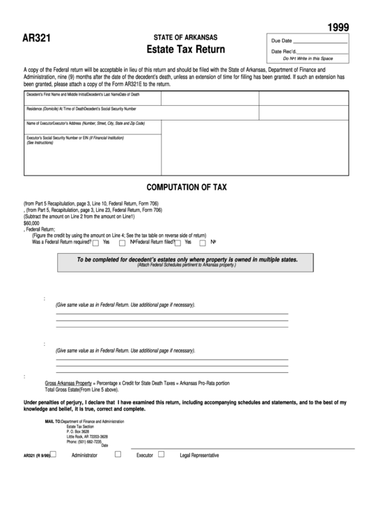 Form Ar321 Estate Tax Return 1999 Arkansas 1999 Printable Pdf Download