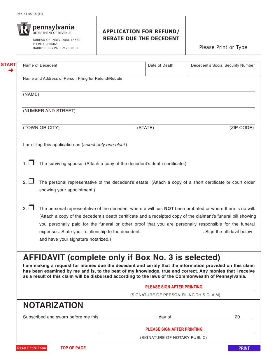 Form DEX 41 Download Fillable PDF Or Fill Online Application For Refund