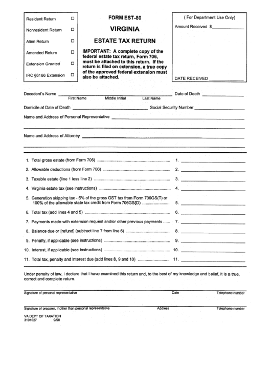 Form Est 80 Virginia Estate Tax Return Printable Pdf Download