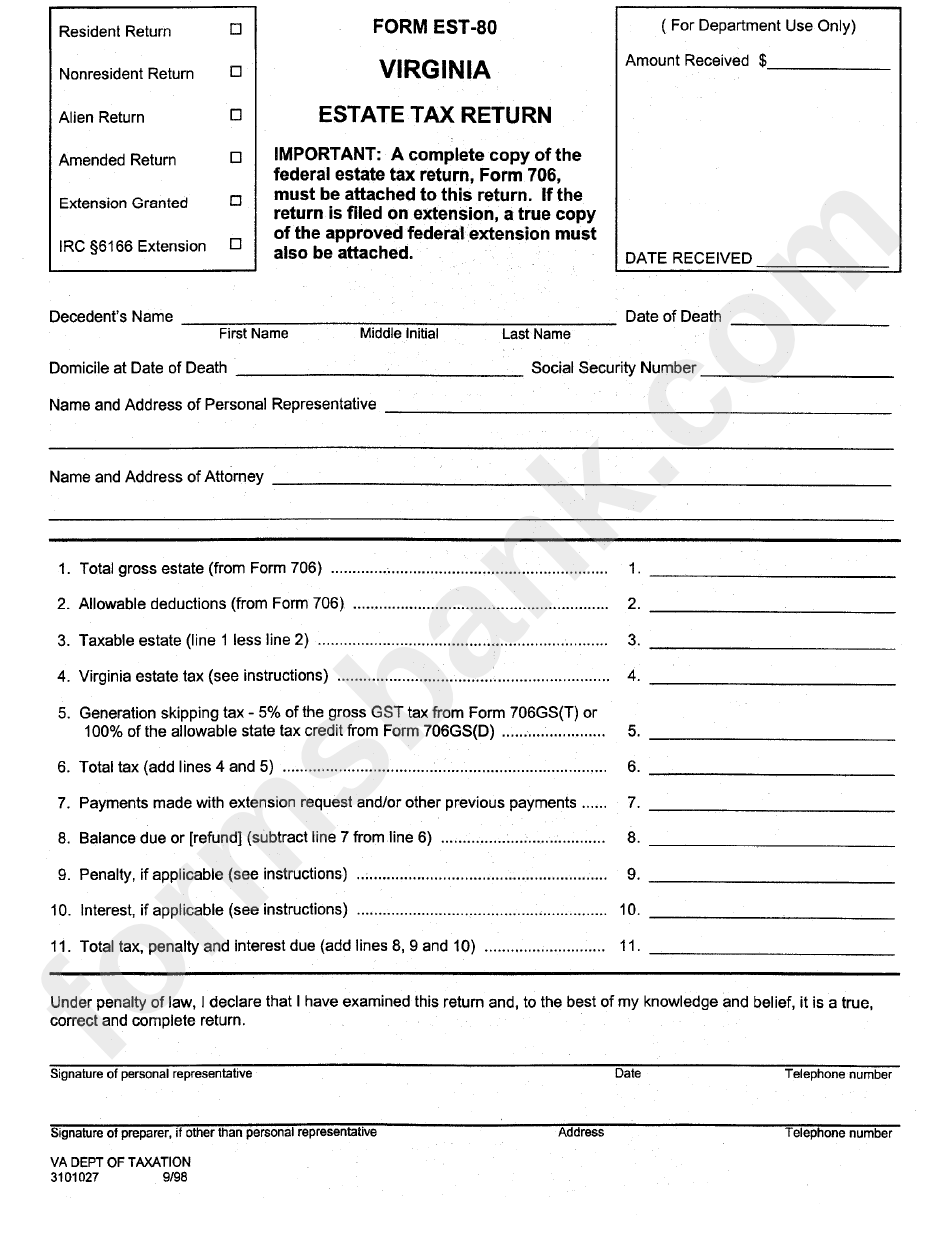 Form Est 80 Virginia Estate Tax Return Printable Pdf Download