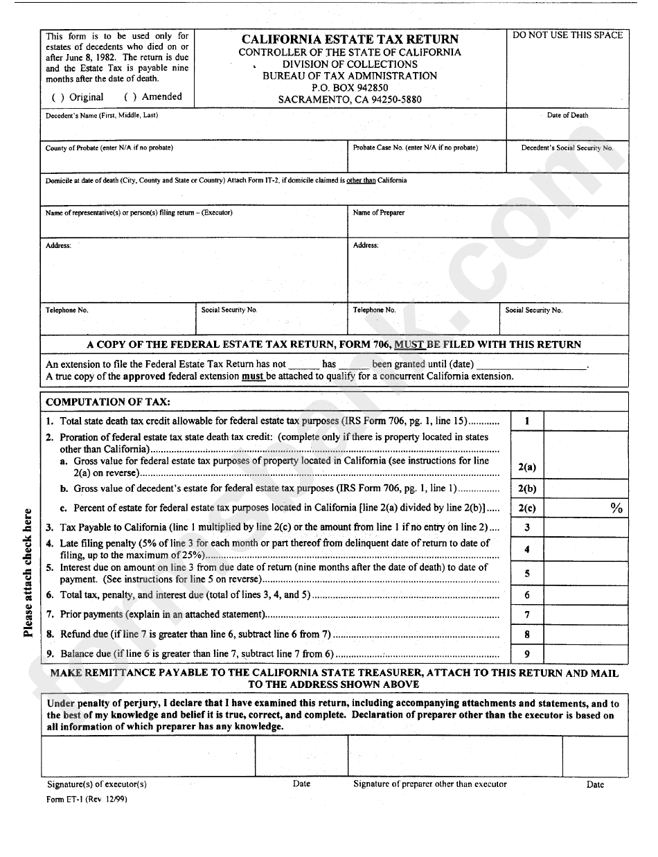 Form Et 1 California Estate Tax Return Bureau Of Tax And