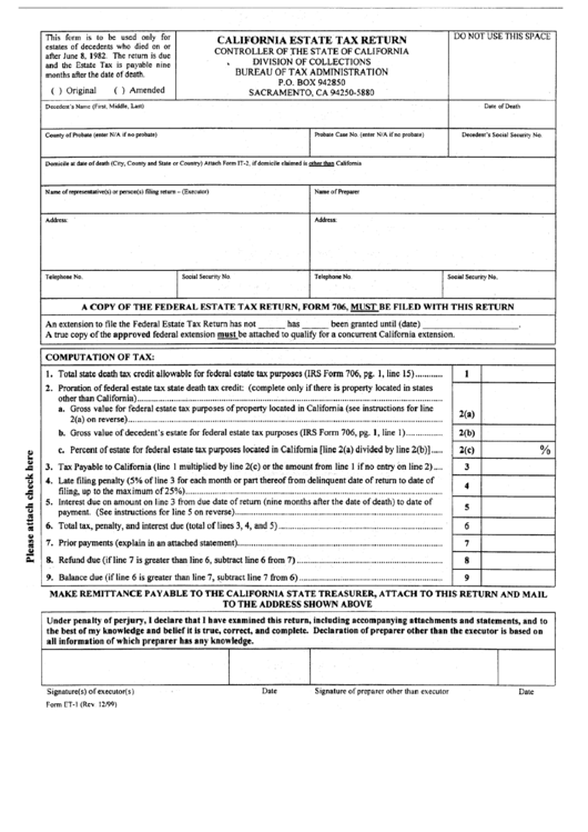 Form Et 1 California Estate Tax Return Bureau Of Tax And 