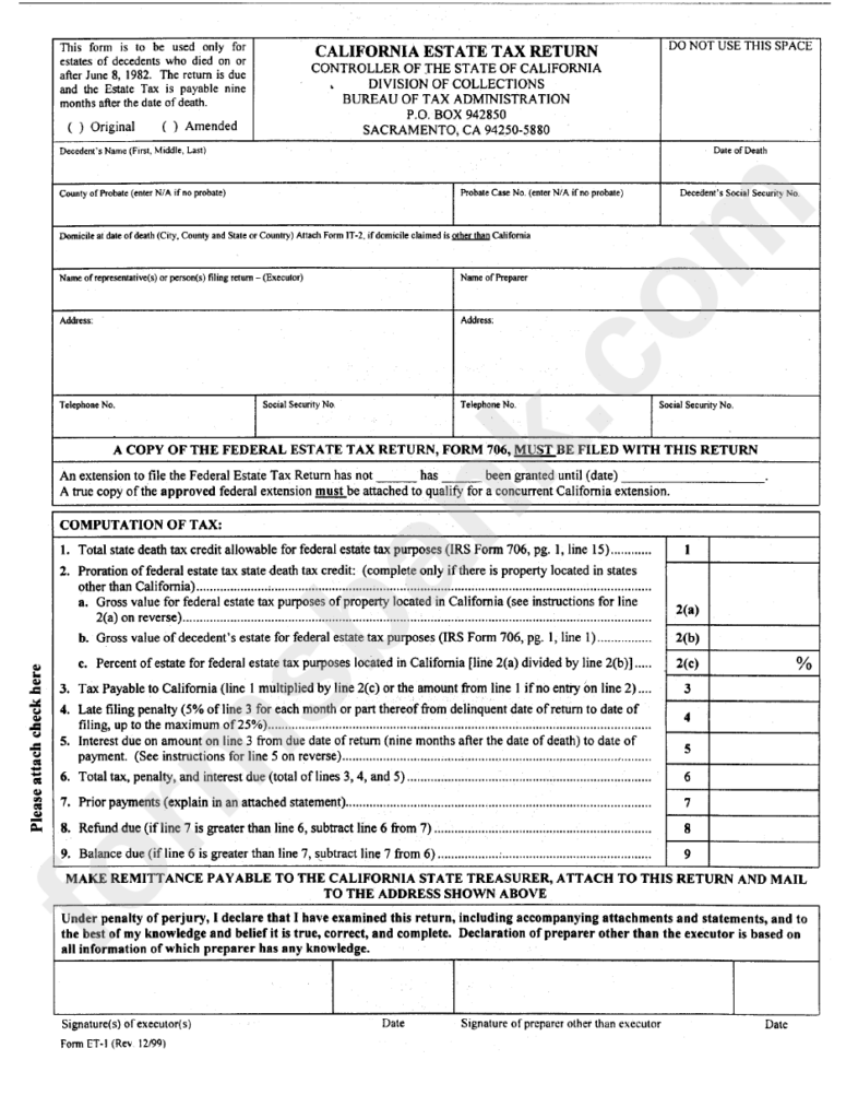 Form Et 1 California Estate Tax Return Bureau Of Tax And 