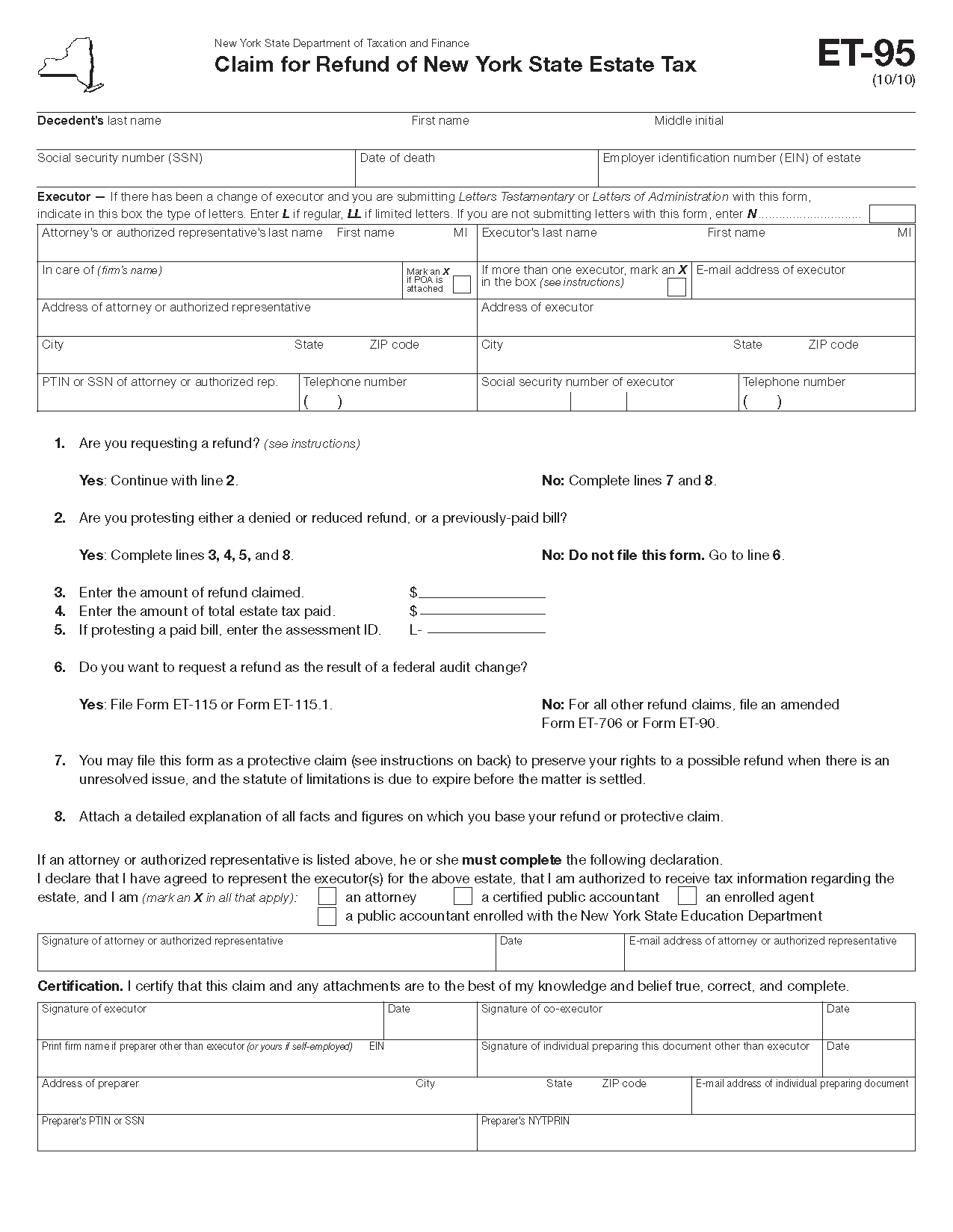 Form ET 95 Claim For Refund Of New York State Estate Tax