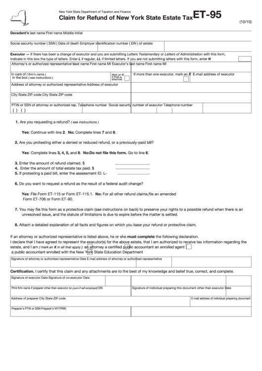 Form Et 95 Claim For Refund Of New York State Estate Tax Printable 