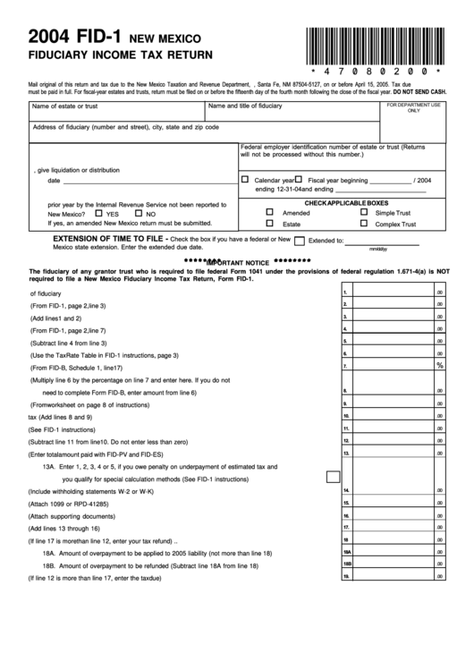 Form Fid 1 New Mexico Fiduciary Income Tax Return 2004 Printable 