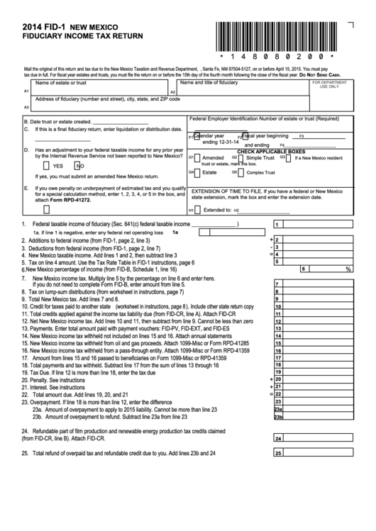 Form Fid 1 New Mexico Fiduciary Income Tax Return 2014 Printable 