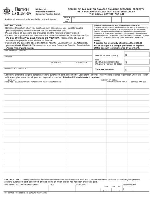 Form Fin 428 web Return Of Tax Due On Taxable Tangible Personal 