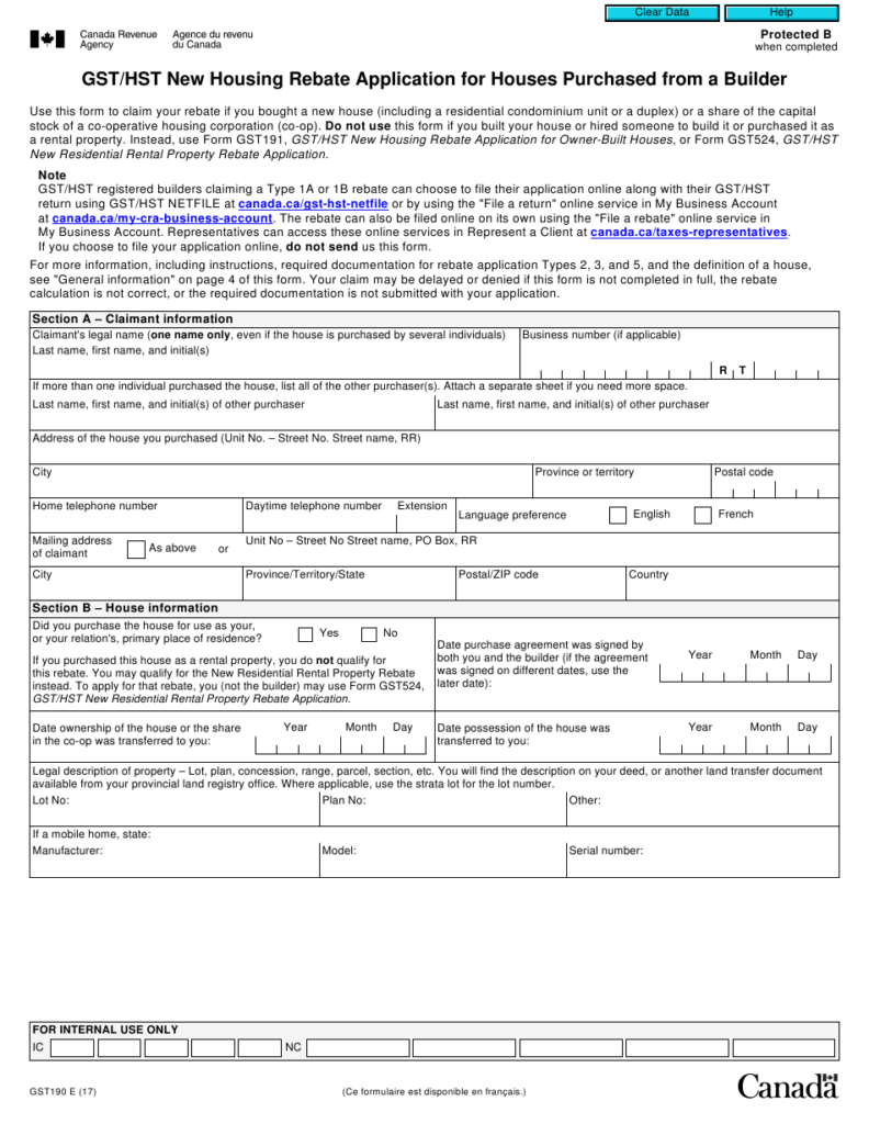 Form GST190 Download Fillable PDF Or Fill Online Gst Hst New Housing 