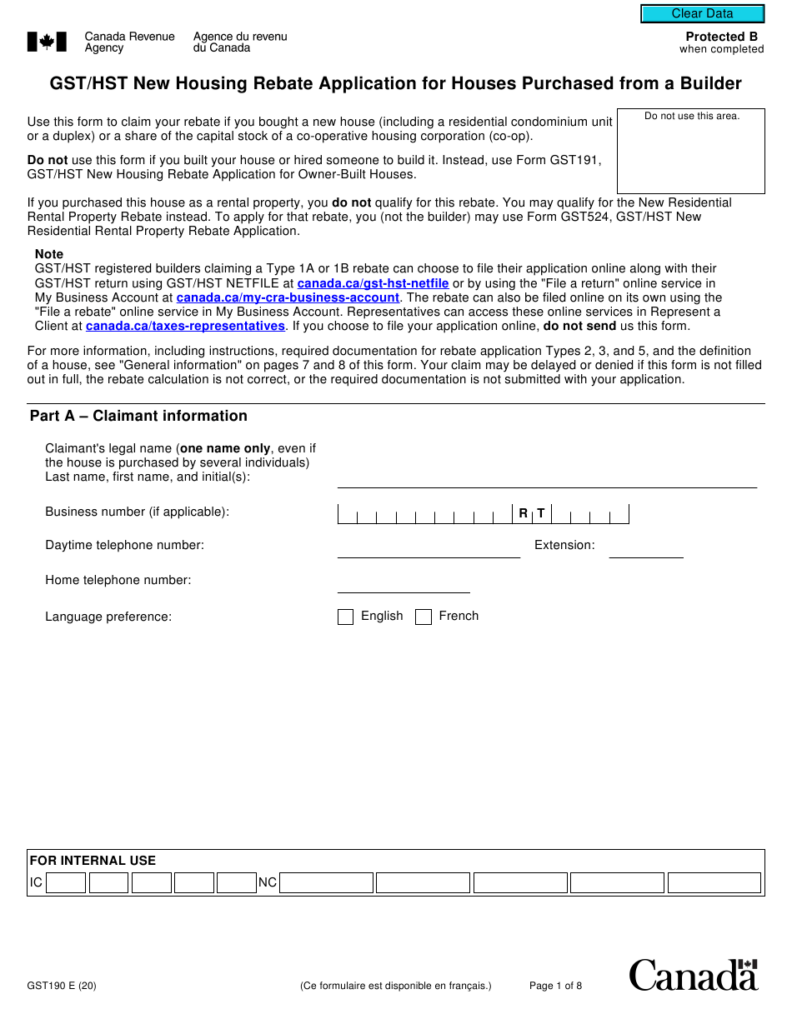 Form GST190 Download Fillable PDF Or Fill Online Gst Hst New Housing 