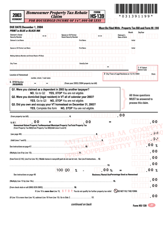 Form Hs 139 Homeowner Property Tax Rebate Claim Vermont Department