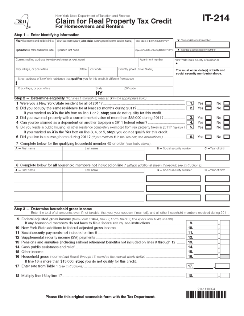 Form IT 214 Fill in Save Claim For Real Property Tax Credit For 