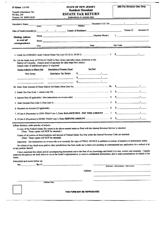 Form It Estate Estate Tax Return State Of New Jersey Printable Pdf 