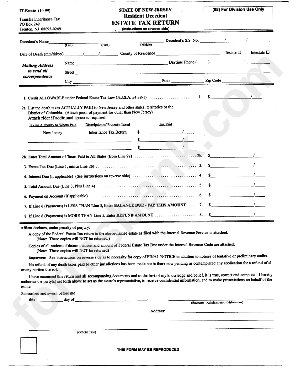 Form It Estate Estate Tax Return State Of New Jersey Printable Pdf