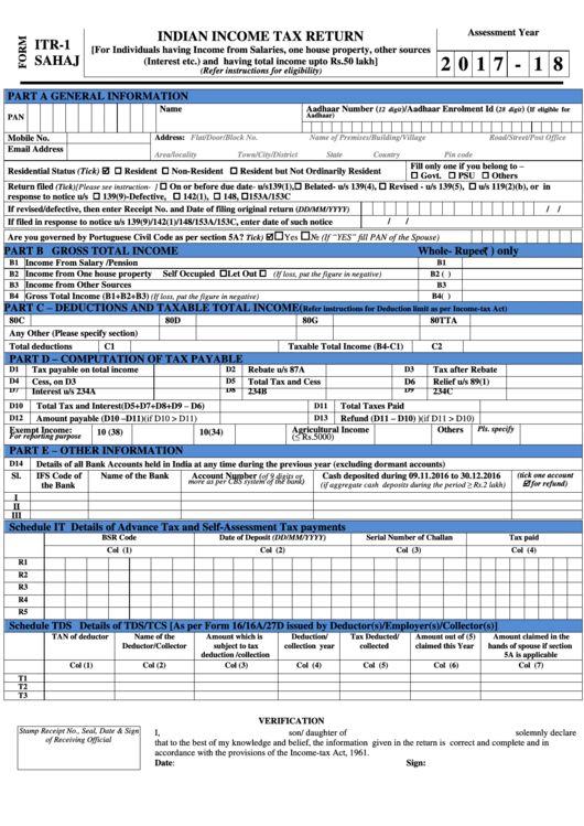 Form Itr 1 Sahaj Indian Income Tax Return Printable Pdf Download