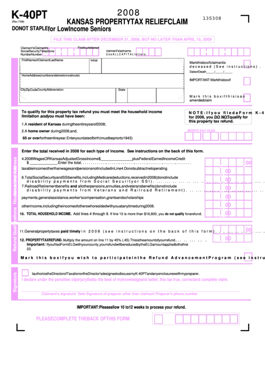 Form K 40 Pt Kansas Property Tax Relief Claim For Low Income Seniors 