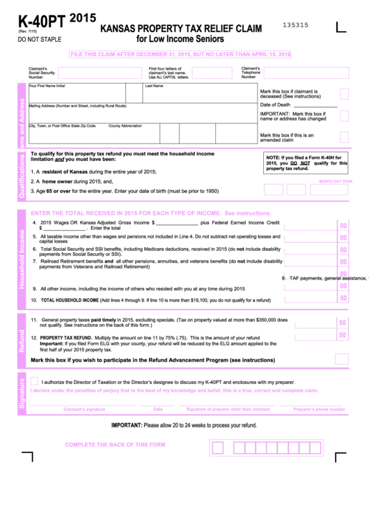 Form K 40pt Kansas Property Tax Relief Claim 2015 Printable Pdf 