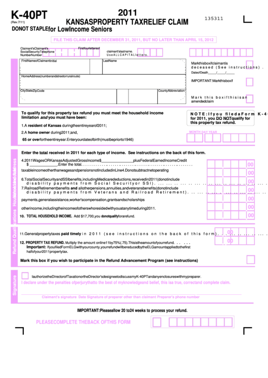 Form K 40pt Kansas Property Tax Relief Claim For Low Income Seniors 