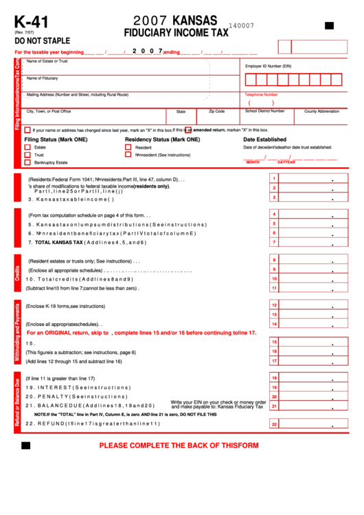 Form K 41 Kansas Fiduciary Income Tax 2007 Printable Pdf Download