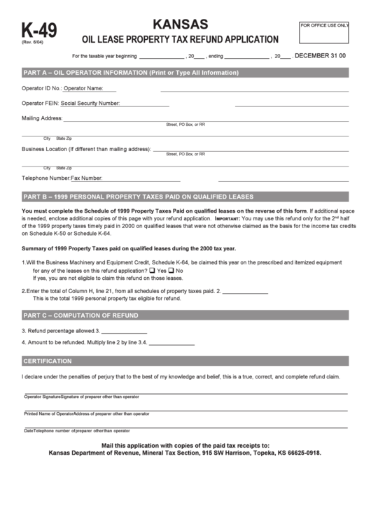 Form K 49 Kansas Oil Lease Property Tax Refund Application Printable 