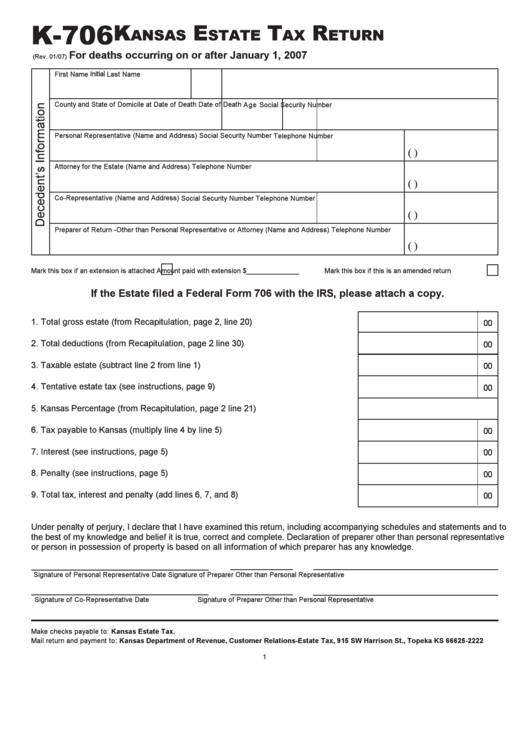 Form K 706 Kansas Estate Tax Return Kansas Deparetment Of Revenue 