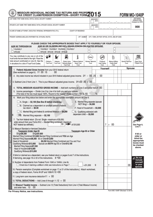 Form Mo 1040p Missouri Individual Income Tax Return And Property Tax 