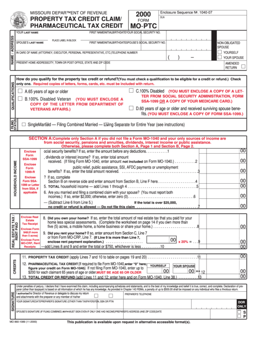 Form Mo Ptc Property Tax Credit Claim Pharmaceutical Tax Credit