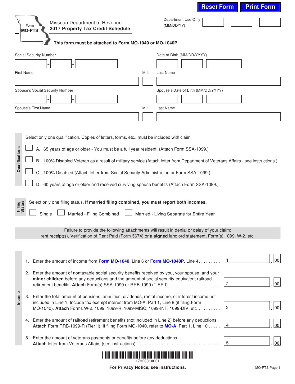 Form MO PTS Download Fillable PDF Or Fill Online Property Tax Credit 