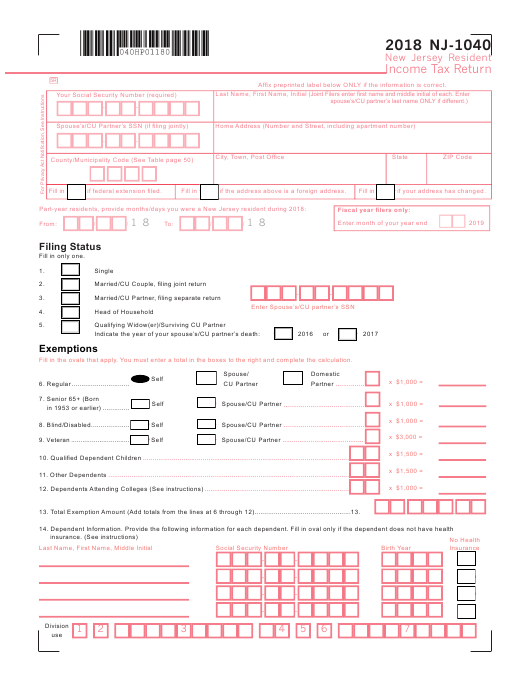 Form NJ 1040 Download Fillable PDF Or Fill Online Resident Income Tax