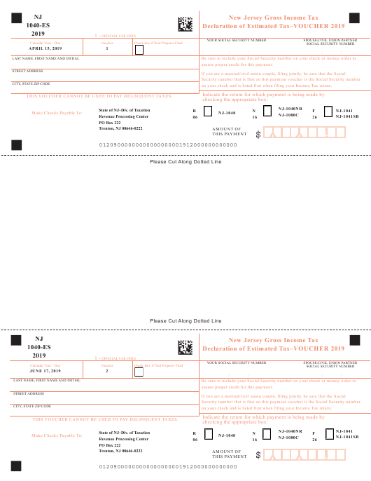 Form NJ 1040 ES Download Printable PDF 2019 Estimated Tax VOUCHER 