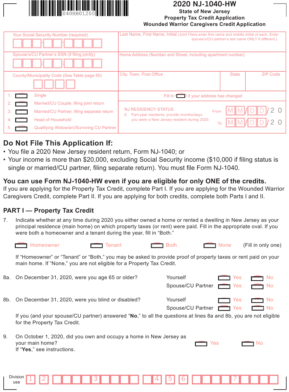 Form NJ 1040 HW Download Fillable PDF Or Fill Online Property Tax