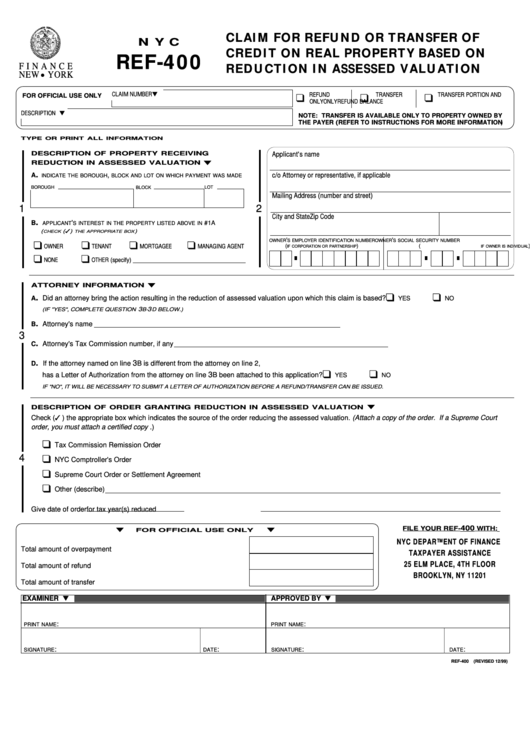 Form Nyc Ref 400 Claim For Refund Or Transfer Of Credit On Real