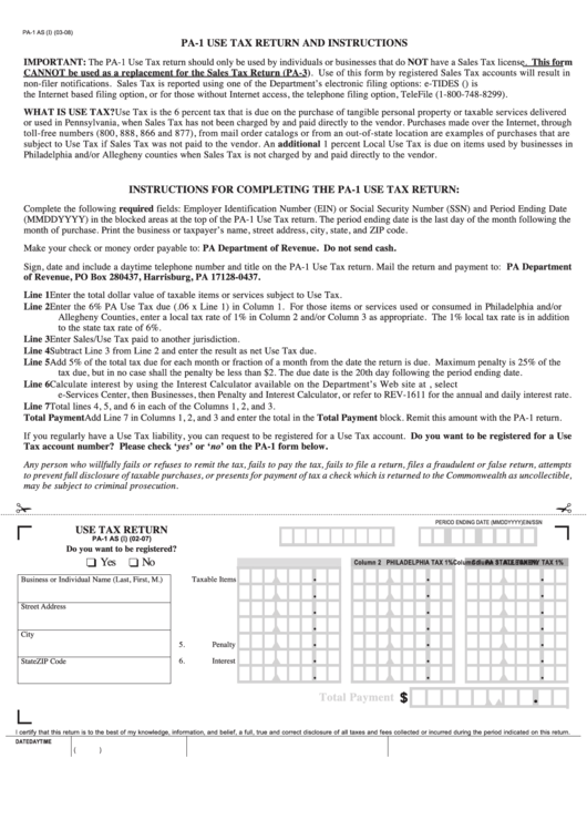 Form Pa 1 As Use Tax Return Form Printable Pdf Download