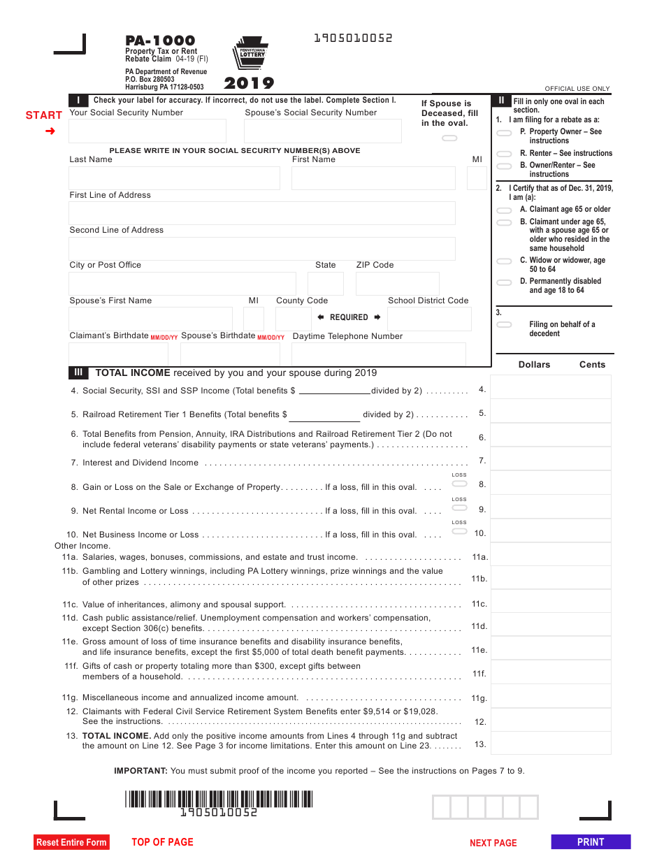 Form PA 1000 Download Fillable PDF Or Fill Online Property Tax Or Rent 