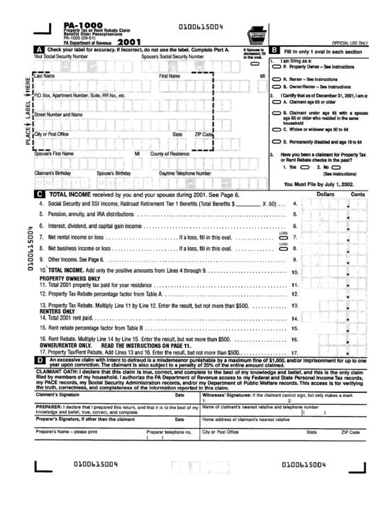 Form Pa 1000 Property Tax Or Rent Rebate Claim Benefits Older 