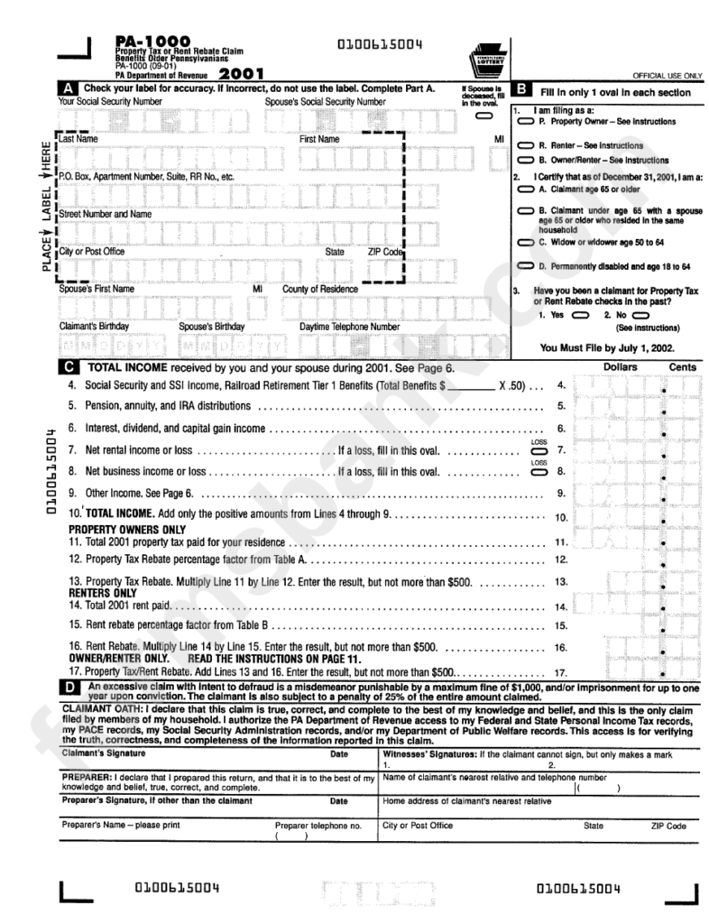 Form Pa 1000 Property Tax Or Rent Rebate Claim Benefits Older 