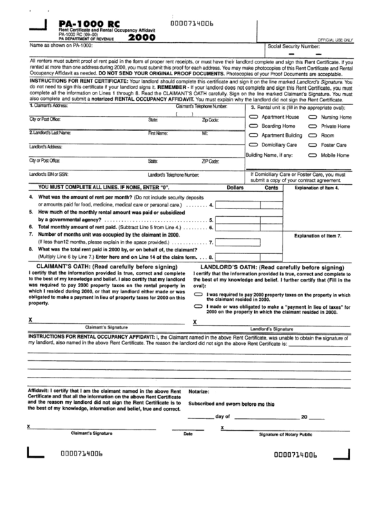 Form Pa 1000 Rc Rent Certificate And Rental Occupancy Affidavit 