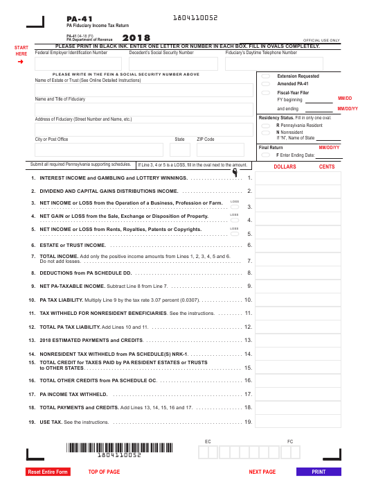 Form PA 41 Download Fillable PDF Or Fill Online Pa Fiduciary Income Tax 