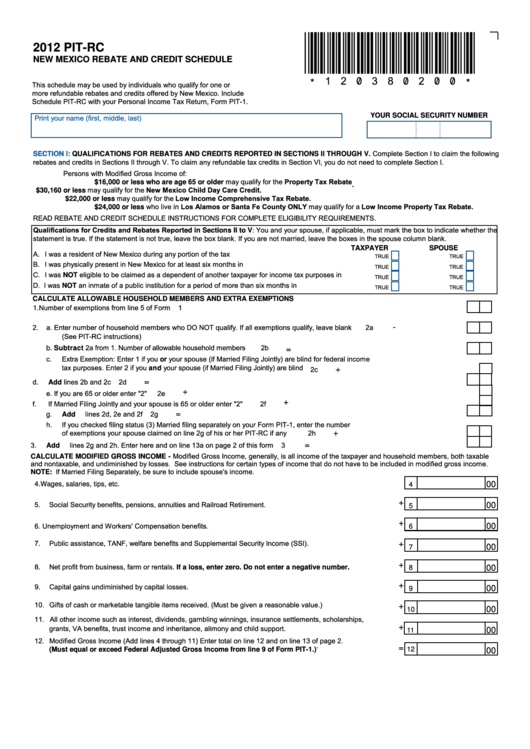 Form Pit Rc New Mexico Rebate And Credit Shedule 2012 Printable Pdf