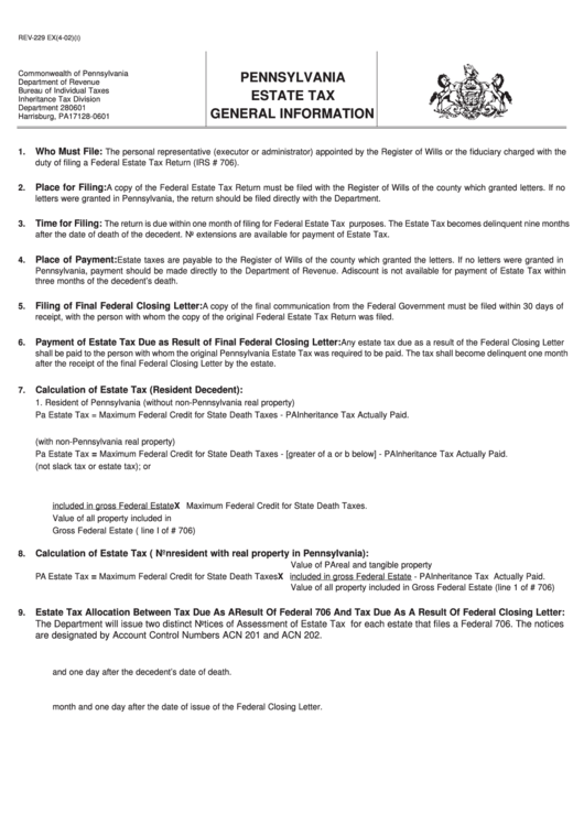 Form Rev 229 Ex Pennsylvania Estate Tax General Information Rev 229 