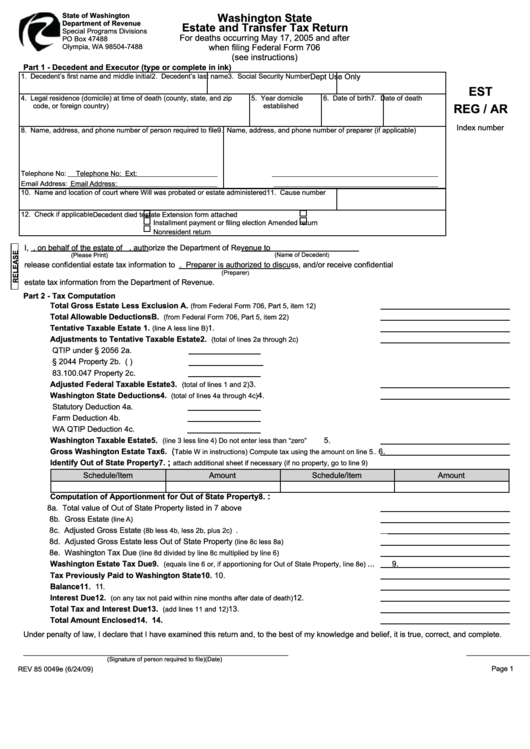 Form Rev 85 0049e Washington State Estate And Transfer Tax Return 