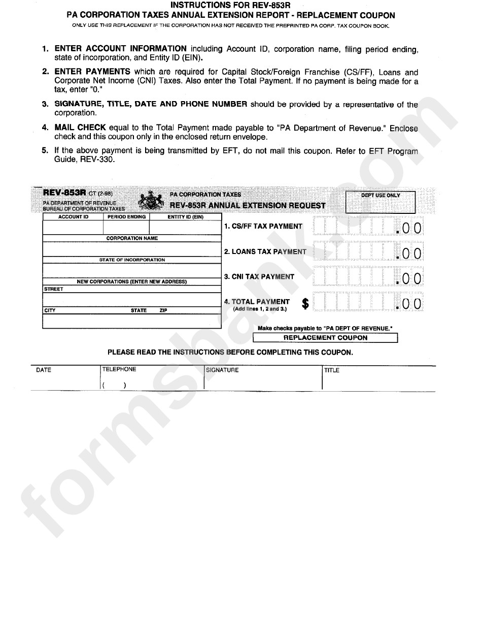 Form Rev 853r Annual Extension Request Pa Department Of Revenue