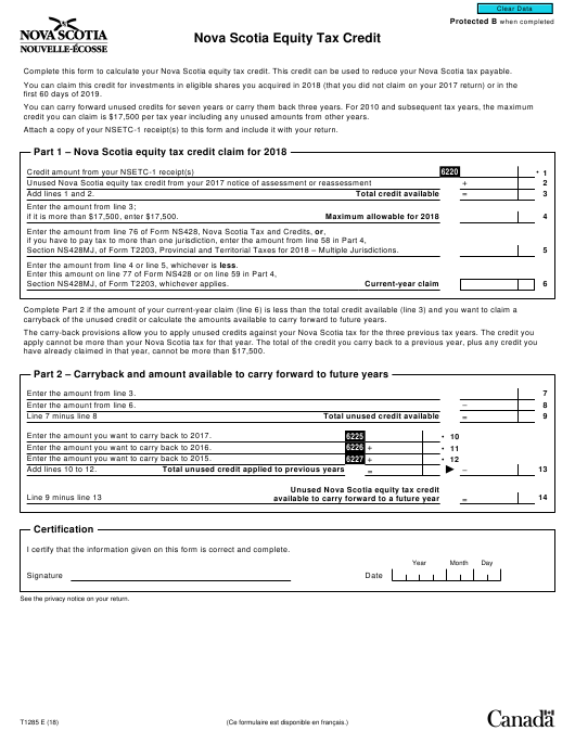 Form T1285 Download Fillable PDF Or Fill Online Nova Scotia Equity Tax 