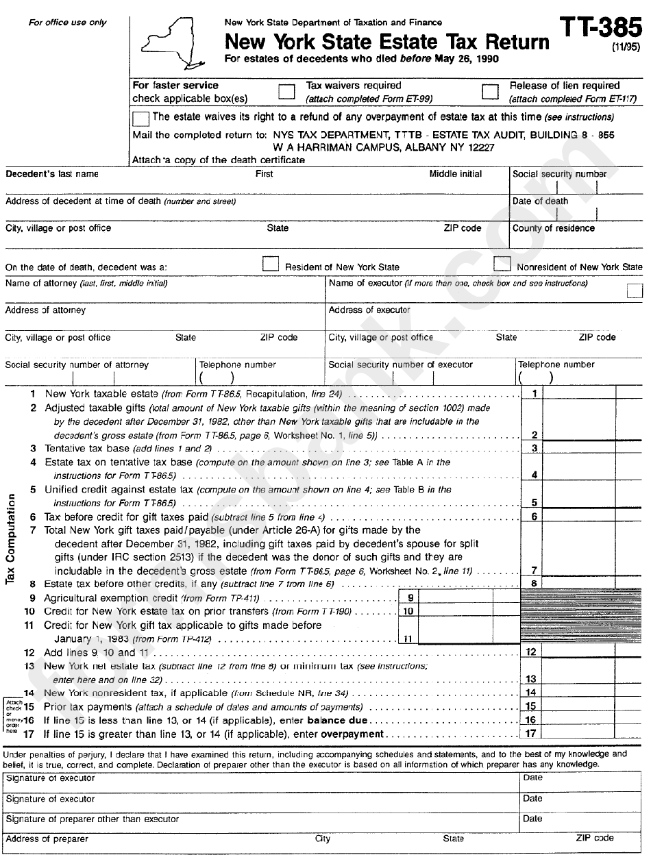 Form Tt 385 New York State Estate Tax Return Printable Pdf Download