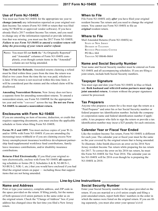 Instructions For Form Nj 1040x Amended Resident Return Download 